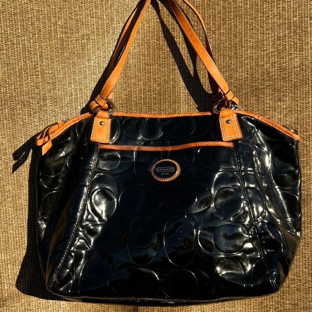 Coach black and tan leather Peyton Embossed Patent Leather Shoulder Tote Bag